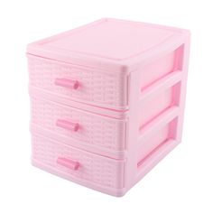 three drawers with pink plastic handles on each drawer and one is open to reveal the contents