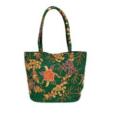 Indonesian Batik and Bead Cotton Tote Bag - Princess Art | NOVICA Artisan Green Shoulder Bag As Gift, Green Rectangular Shoulder Bag With Floral Embroidery, Green Shoulder Bag With Floral Embroidery, Green Bags With Floral Embroidery As A Gift, Green Everyday Bags For Festivals, Traditional Green Tote Bag, Traditional Green Handmade Shoulder Bag, Traditional Green Shoulder Bag For Daily Use, Traditional Green Shoulder Bag For Everyday