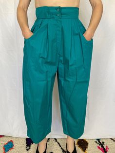 "Please note: These pants were made to order - please check the measurements as the waist and length as these pants are petite. Details: - beautiful 100% cotton pants - high waist and wide leg - two front pockets - zipper fly with button closure - made in Italy in the 80s Measurements: - length (waist to hem) - 34.5\" - inseam - 21.5\" - waist - 25\" - hips - 42\" Tag: - touche, made in Italy, 40 Condition: - Excellent vintage condition. No damage to report. Please see all photos and check measu Vintage Cotton Bottoms With Elastic Waistband, Retro High-waisted Relaxed Fit Pants, Vintage Ankle-length Cotton Pants, Retro Trousers With Elastic Waistband, Retro Relaxed Fit Tapered Leg Pants, Vintage Cotton Ankle-length Pants, Retro Tapered Leg Summer Pants, Retro Relaxed Fit Long Bottoms, Retro Relaxed Fit Long Pants