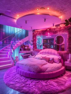 a bedroom with purple lighting and a circular bed in the middle of the room is lit up by pink lights