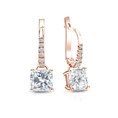 Dangle studs 4-Prong Basket set diamond earrings make a stylish statement in beauty. These 14k rose gold diamond earrings sparkle with a 2.00 ct. cushion-cut natural diamonds as center stone and 0.10 ct. total weight of small round diamonds as side stone, together with a total weight of 2.10 ct. in lever back clasps. Cushion Cut Earrings, Black Diamond Pendant, Yellow Gold Diamond Earrings, Black Diamond Studs, Halo Diamond Earrings, Solitaire Diamond Pendant, Colored Diamond Rings, Basket Setting, Halo Earrings