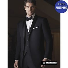 Tuxedo Black Two Button Notch Lapel Super 120s Wool by Ike Behar Black Tailored Tuxedo For Wedding, Black Tailored Wedding Tuxedo, Black Tuxedo Suit For Wedding, Black Notch Lapel Tuxedo For Wedding, Classic Slim Fit Tuxedo For Wedding, Classic Fitted Wedding Tuxedo, Classic Wedding Tuxedo In Suiting Fabric, Fitted Notch Lapel Tuxedo For Wedding, Custom Fit Black Suit For Groom