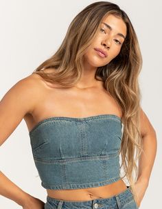 RSQ Womens Denim Tube Top - MEDIUM WASH | Tillys Strapless Denim Crop Top For Spring, Spring Strapless Denim Crop Top, Trendy Strapless Denim Crop Top, Strapless Denim Tube Top In Medium Wash, Strapless Denim Blue Cotton Top, Strapless Denim Tube Top, Denim Blue Denim Tube Top, Trendy Denim Strapless Tube Top, Casual Strapless Denim Crop Top