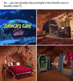 the grinch's cave is shown in four different pictures, including a bed and mirror