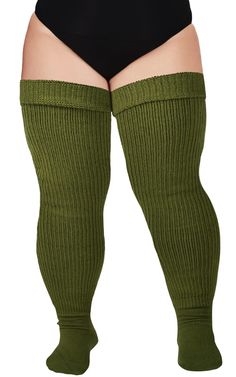 Colorful: Army Green  
 Features: 60% Acrylic Yarn, 25% Stretch Yarn, 15% Polyester, keep warm, keep fashion.  
 Three Wear Ways: Thigh High Socks, Over the Knee Socks, Slouch Socks  
 Adjustable closure  
 Machine washable in cold water only  
 One Size: US 6.5 - 10  
 
 Packing List:  
 1*pair of Plus Size Thigh High Socks  
 1* pair of Garter Belts   Description   Moonwood Wear's Women's Plus Size Thigh High Socks in Army Green are a stylish and comfortable accessory designed for women with larger legs. These socks offer a stretchy and comfortable fit that stays in place without slipping down. They are crafted from a high-quality blend of materials, including cotton, polyester, and spandex, which provide a soft and breathable feel that keeps feet warm without causing discomfort or irri Green Thigh High Socks, Plus Size Thigh High Socks, Plus Size Thigh High, Plus Size Thigh, Thigh Garter, Lace Stockings, Slouch Socks, Garter Belts, Leg Warmer