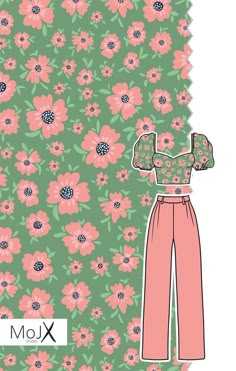 a woman's top and pants with pink flowers on green background, in front of a