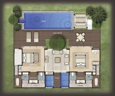 an aerial view of the floor plan of a house with swimming pool and lounges