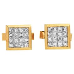 Vie to relive the past in these Exquisite, circa 1990s unisex cufflinks Crafted in luxurious 18K Yellow Gold.  From the Invisible set center, these cufflinks scream luxury and fashion from days gone by. Adorning the façade of these are (32) Princess cut, Diamonds. The diamonds weigh appx. 4.20 carats and are of appx. G-H color and VS clarity These remain in Very Good Condition. Accompanied by a professional appraisal document. Diamond Cufflink, Wedding Cuff Links, Wedding Cuff, Wide Cuff Bracelets, Jewelry Appraisal, Gold Cufflinks, Cufflink Set, Days Gone, Cushion Diamond