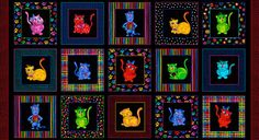 a multicolored quilt with cats and kittens on it's squares in different colors