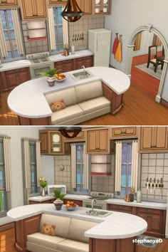 two pictures of the same kitchen and living room in different rooms, one with an island