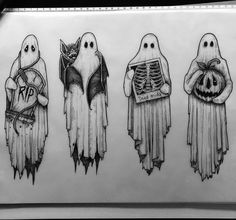 three drawings of halloween ghostes with bats and pumpkins on their backs, one is holding a book