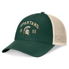 Shade your head on a sunny day and boldly showcase your love for the Michigan State Spartans by grabbing this Heritage Waylon trucker hat from Top of the World. It features a distinct Michigan State Spartans graphic embroidered across the front panels and mesh mid and rear panels that help you make the most of a pleasant breeze. The snap closure ensures that your perfect fit is never more than a snap or two away when you reach for it. Collegiate Style Adjustable Trucker Cap, Adjustable Collegiate Trucker Hat With Curved Bill, Collegiate Adjustable Trucker Hat For Outdoor, Adjustable Curved Visor Trucker Hat For College, Adjustable Trucker Hat With Visor For Fan Gear, Michigan State Spartans, Michigan State, Top Of The World, Mens Green