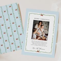 two christmas cards with the words merry christmas and an image of a woman holding a baby