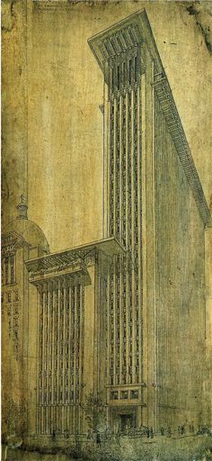 an old drawing of two tall buildings