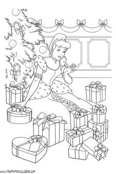 a girl with presents near a christmas tree coloring pages for adults and children to color