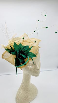 Beautiful gold sinamay Fascinator accented with gold and green feathers. Bridesmaids Hat Kentucky Derby Cocktail Party Tea Party Guest Easter Kate - Ready to ship - Lightweight - Free Shipping - Fast shipping - Customize by adding different color flowers and or feathers Check my store for for styles and colors. Hatsandpearls.etsy.com Find more at my website: Www.hatsandpearls.com reach out to me if you can't find what you are looking for. I can make cake custom orders and help you style and matc Adjustable Gold Straw Hat For Kentucky Derby, Gold Top Hat With Short Brim For Kentucky Derby, Gold Straw Hat With Short Brim For Party, Gold Costume Hats For Kentucky Derby With Short Brim, Gold Costume Hat With Short Brim For Kentucky Derby, Gold Headpieces For Kentucky Derby Party, Gold Short Brim Hat For Kentucky Derby, Gold Curved Brim Costume Hat For Evening, Gold Short Brim Fascinator For Formal Occasions