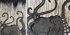 two pictures of an octopus with pearls on it's head and the bottom one is in black and white