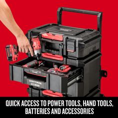 a tool box with tools in it and the words quick access to power tools, and tools batteries and accessories