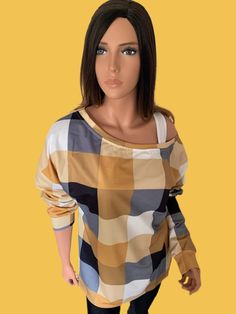 Harvest Gold Plaid Round Neck Long Sleeve Shirt – Just Your Average Gal Yellow Long Sleeve Blouse For Fall, Mustard Long Sleeve Blouse For Fall, Casual Yellow Off-shoulder Top, Trendy Mustard Long Sleeve Tops, Fall Yellow Crew Neck Blouse, Bright Fall Colors, Round Boat, Harvest Gold, Trendy Clothes For Women