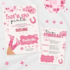 two pink flyers are sitting on top of a white sheet with pink stars and sparkles