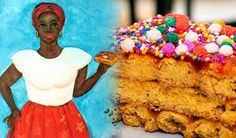 a piece of cake with sprinkles on it next to a painting of a woman holding a tray of donuts