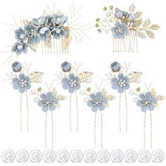 Product Description Dear Friend If your area is located in PR,HI,VI,AE,AP,AK,GU,AS,MP area, Please don't place an order. We can't ship the product to PR,HI,VI,AE,AP,AK,GU,AS,MP area. Thanks for your understanding. Sincerely！ Bridal Wedding Hair Pins Comb Bridal Clips Crystal Pearl Bridesmaid Accessories About this item Material: Every hair side comb or hair pin is handmade by high quality alloy decorated with fabric flower, artificial rhinestones and pearls. Excellent materials make these wedding headpieces more elegant, unique and pretty. Main Color: Blue. What You Get: 20 pack in total as photo show (2pcs flower hair side combs+6pcs U-shaped flower hair pins+12pcs twist pearl hair pins) in the good package. Size: See the size photo on the left. Different sizes and styles are enough for y Wedding Hair Side, Pink Flower Hair, Accessories For Wedding, Headpiece Accessories, Hair Accessories Pins, Floral Hair Pins, Flower Hair Pins, Light Blue Wedding, Bridal Wedding Hair