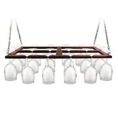 a wooden and glass chandelier hanging from chains on a white background with lots of glasses in it