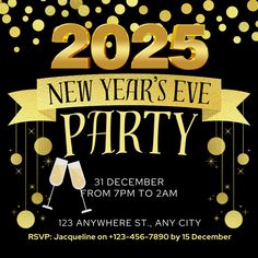 a new year's eve party flyer with two champagne glasses and gold confetti