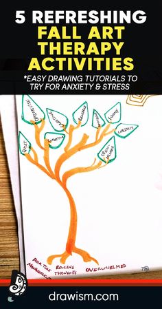 Try these 5+ mentally refreshing & easy fall art therapy activities for anxiety & stress! Save pin for later.   Easy Drawing Tutorials | Drawing Ideas | Expressive Art Therapy Activities | Art Journal Art Group Ideas Therapy Activities, 100 Art Therapy Exercises, Acceptance Therapy Activities, Therapy Drawing Prompts, Cbt Activities For Teens Art Therapy, Fall Therapy Activities For Teens, Emotions Activities For Adults, Fall Group Therapy Activities, Art Therapy Ideas For Children