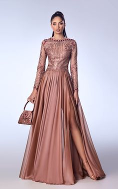 Reverie Couture FW57 Rose Bolero Dress, Formal Gown, Beaded Top, Taupe Color, Long Sleeve Maxi, Draped Fabric, Flowy Skirt, Types Of Dresses, Dress Size Chart