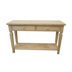 a wooden table with two drawers on one side and an open drawer on the other