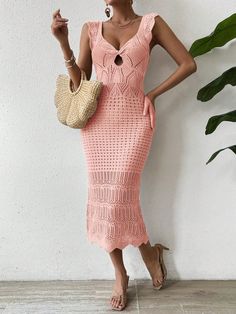 Chic and Cozy: Hollow Out Sweater Dress for Stylish Women Elegant Open Knit Crochet Dress For Vacation, Chic Crochet Open Knit V-neck Dress, Elegant Pointelle Knit Crochet Dress For Vacation, Elegant Hollow Out Crochet Dress For Vacation, Elegant Knit Midi Dress For Vacation, Chic Summer Sweater Dress For Party, Chic Crochet Knit Party Dress, Elegant Open Knit Crochet Dress For Spring, Elegant Open Knit Spring Dress