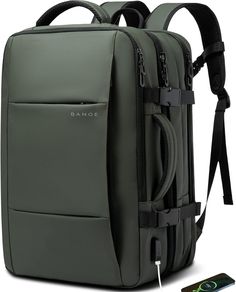 the back side of a backpack with an external charger attached to it