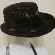 Vintage Hats Costume Black Flowers Hat For Women Nwot Black Mini Hats For Formal Winter Occasions, Fitted Black Costume Hats And Headpieces For Fall, Fitted Black Costume Hats For Fall, Adjustable Black Brimmed Costume Hats And Headpieces, Adjustable Black Brimmed Costume Hat, Black Top Hat For Winter Party, Black Mini Hat With Flat Brim For Formal Occasions, Black Boater Hat For Kentucky Derby Evening, Elegant Black Top Hat For Fall