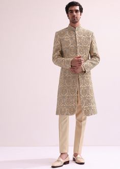 Naqshi Embroidered Straight Sherwani For Reception, Naqshi Embroidered Straight Kurta Sherwani For Reception, Naqshi Embroidered Sherwani For Reception, Beige Straight Kurta Set For Reception, Sherwani With Zari Work For Reception, Brocade Sherwani With Naqshi For Diwali, Diwali Brocade Sherwani With Naqshi Details, Diwali Brocade Sherwani With Naqshi, Beige Straight Kurta For Reception