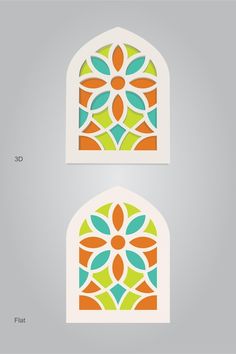 an image of two windows with colorful designs on them, one in orange and the other in green