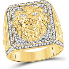 GND 10K Yellow Gold Lion Face Fashion Ring with Pave-Set Round Diamonds - 5/8 Total Carat Weight Fierce Expression, Dimond Ring, Face Fashion, Lion Ring, Gold Lion, Lion Face, Warm Yellow, Detailed Ring, Fashion Ring