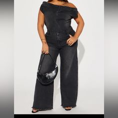 Off The Shoulder, Wide Leg, Non Stretch, 100% Cotton The Size Is A 2xl Chic Black Denim Jumpsuit, Black Relaxed Fit Wide Leg Jumpsuits And Rompers, Chic Black Denim Jumpsuit With Pockets, Spring High Waist Black Denim Jumpsuit, Spring High-waist Black Denim Jumpsuit, Spring Black High Waist Denim Jumpsuit, Spring Black High-waist Denim Jumpsuit, Black High Rise Denim Jumpsuit For Spring, Casual Dark Wash Denim Jumpsuit For Night Out