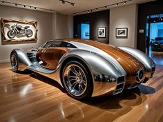 a silver and brown sports car on display in a room with wooden floors, framed pictures and paintings