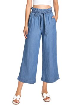 High waist?chambray culottes?with a paperbag waist, with a self-tie belt. Pleating at the top with pockets to the sides. CARE | Machine Wash ColdCONTENTS | 100% Tencel MEASUREMENTS | 36"/91 cm Top to Bottom 24"/61 cm Inseam 12"/30 cm Rise (Size Small) MODEL | 5'8 - wearing a size SmallIMPORTED Wide-leg Workwear Bottoms With Tie Waist, Wide-leg Workwear Pants With Tie Waist, Workwear Wide-leg Pants With Tie Waist, Wide Leg Pants With Tie Waist For Work, Workwear Wide Leg Pants With Tie Waist, Trendy Tie Waist Workwear Bottoms, Trendy Workwear Bottoms With Tie Waist, Versatile Cropped Wide Leg Summer Pants, Versatile Belted Wide Leg Pants