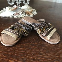 Azura: Brown And Gold Sequened Sandals Size 6.5 Never Worn Glitter, Sequins And Stones Decorate The Straps Cushion Sole Gold Glitter Sandals For Summer, Adjustable Glitter Sandals For Party, Party Sandals With Glitter And Adjustable Fit, Gold Sandals With Glitter Accents For Summer, Casual Embellished Flat Heel Sandals, Casual Flat Embellished Sandals, Casual Embellished Flat Sandals, Spring Synthetic Sandals With Glitter Accents, Embellished Round Toe Sandals For Vacation