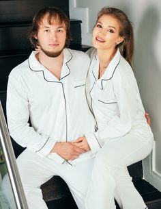 "Mr and Mrs Matching 100% Cotton Pajama Set, Couple Cotton Pajamas, Honeymoon Pajamas, Groom Bride Custom Pajamas, Gift for Husband Wife Our pajamas are customized with Vinyl. The letters are so pretty and detailed. It is perfect to put first letter of your name or first/last name or wedding role . Whether you want to buy it as gift, keep it for yourself and wear it as an everyday or even wear it for a honeymoon trip , this unique customized pajamas is sure to work for any occasion. ⭐Styles of p First Letter Of Your Name, Honeymoon Trip, Bridal Pajamas, Set Couple, Wedding Roles, Cotton Pajama Set, Personalized Pajamas, White Pajamas, Pajamas Gift