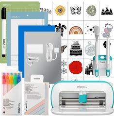 an assortment of office supplies including pens, scissors and paper