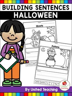 halloween themed worksheet for students to practice building sentences in english and spanish