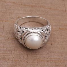 Cultured Pearl and Sterling Silver Single Stone RIng - Bamboo Dreams | NOVICA Pearl Ring Designs Silver Men, Rings Design Silver, Pearl Ring Design, Silver Pearl Ring, Silver Pooja Items, Single Stone Ring, Mens Silver Jewelry, Fancy Jewellery Designs, Gold Jewelry Stores