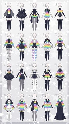 an image of different types of clothes for women in the style of anime character costumes