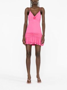 Blumarine floral-appliqué Ruffled Minidress - Farfetch Cocktail Mini Dress With Ruched Ruffled Straps, Blumarine Dress, Floral Applique, Dress Pink, Ruffle Hem, Spaghetti Strap, Hot Pink, Flower Girl, Fashion Branding