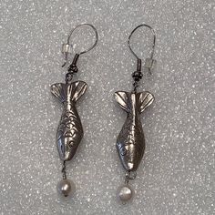 Thai Silver Fish And Pearl Earrings Sterling Silver 2 5/8” Long #1089 Boho, Handcrafted, Handmade Silver Earrings With Stones, Silver Fish Necklace, Handmade Silver Fish-shaped Earrings, Silver Fish-shaped Earrings With Ear Wire, Silver Fish-shaped Earrings With Fish Hooks, Fish Jewelry Silver, Japanese Earrings, Thai Jewelry, Earring Stacks