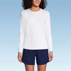 Dive into summer with confidence in the Lands' End Women's Long Crew Neck Long Sleeve Rash Guard. This swim tee is designed to celebrate every body, ensuring you feel as good as you look.

- Material: LYCRA Xtra Life spandex
- Size: Small
- Color: White
- Gender: Female
- Age Group: Adult
- Features: UPF 50 sun protection

Crafted to maintain its shape both in and out of the water, this lightweight and soft tee is perfect for any summer activity. Its modest crew neck and long sleeves offer excel Casual Crew Neck Swimwear For Swimming, Crew Neck Swimwear With Upf 50+, Upf 50+ Crew Neck Swimwear, Upf 50+ Athleisure Tops For Swimming, Sporty Tops With Upf 50+, Upf 50+ Long Sleeve Tops For Poolside, Poolside Stretch Tops With Moisture-wicking, Moisture-wicking Stretch Top For Swimwear, Poolside Moisture-wicking Stretch Tops