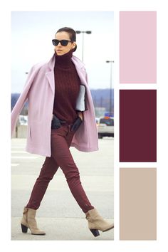 Color Matching Clothes, Colour Combinations Fashion, Color Combos Outfit, Color Combinations For Clothes, Matching Clothes, Purple Pants, Pink Coat, Womens Fashion For Work, Colourful Outfits